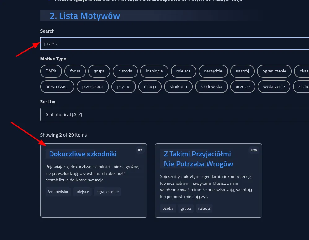 Strona Motywów, pokazanie szukania Motywów